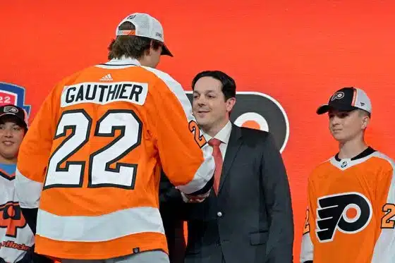 Cutter Gauthier after being selected as the number five overall pick to the Philadelphia Flyers in the first round of the 2022 NHL Draft at Bell Centre.