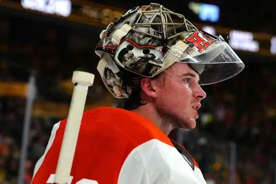 Philadelphia Flyers goaltender Carter Hart (79) awaits a face off against the Vegas Golden Knights during the second period at T-Mobile Arena.