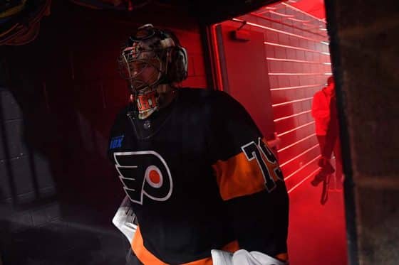 Philadelphia Flyers goaltender Carter Hart (79) in the tunnel before game against the Nashville Predators at Wells Fargo Center.