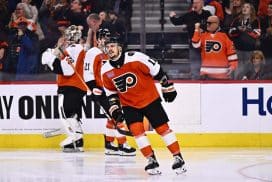 Philadelphia Flyers right wing Travis Konecny (11) reacts after scoring a goal against the Calgary Flames in the third period at Wells Fargo Center.