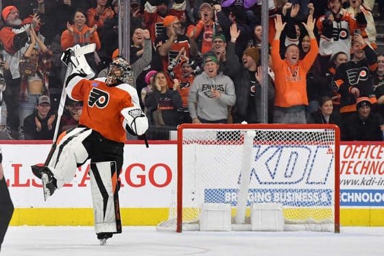 Philadelphia Flyers goaltender Samuel Ersson (33) celebrates after making the final save during the shootout in win against the Montreal Canadiens at Wells Fargo Center.