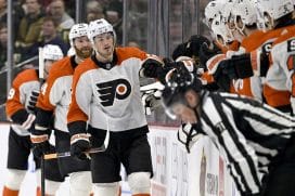 Philadelphia Flyers forward Joel Farabee (86) celebrates his goal against the Minnesota Wild during the second period at Xcel Energy Center.