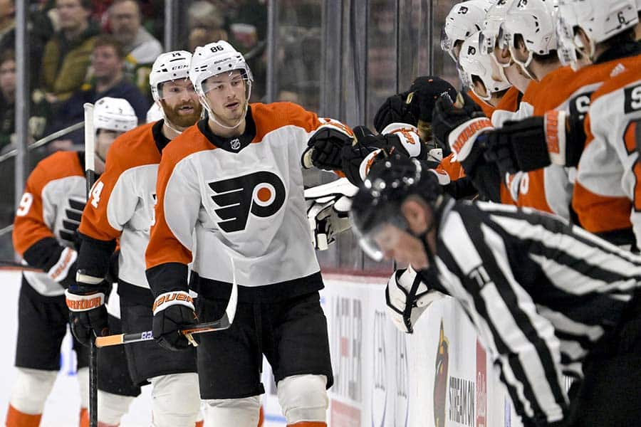 Philadelphia Flyers forward Joel Farabee (86) celebrates his goal against the Minnesota Wild during the second period at Xcel Energy Center.