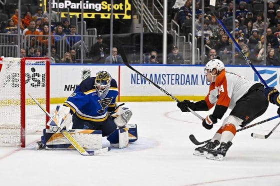 Philadelphia Flyers right wing Owen Tippett (74) shoots and scores the game winning goal against St. Louis Blues goaltender Joel Hofer (30) during the third period at Enterprise Center.