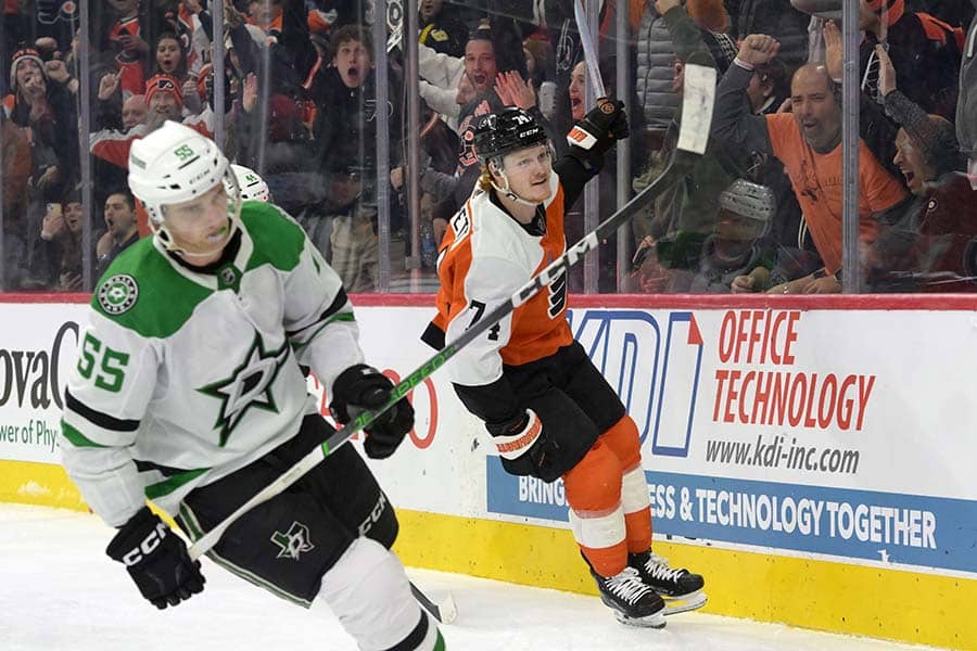 Philadelphia Flyers right wing Owen Tippett (74) celebrates his goal against the Dallas Stars during the third period at Wells Fargo Center.
