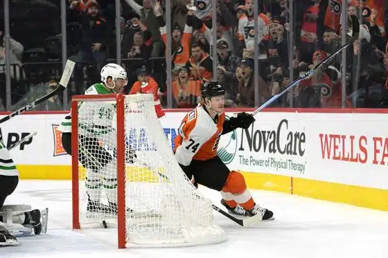 Philadelphia Flyers right wing Owen Tippett (74) celebrates his goal against the Dallas Stars during the third period at Wells Fargo Center.