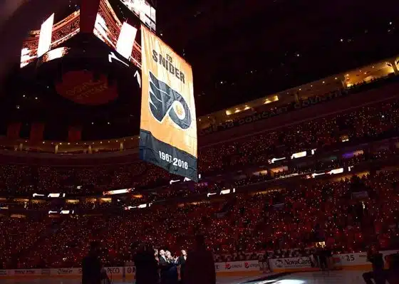 Philadelphia Flyers raised a banner in honor of their late owner, Ed Snider before game against Anaheim Ducks at Wells Fargo Center. The Ducks defeated the Flyers, 3-2.