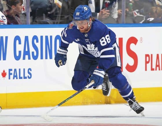 William Nylander #88 of the Toronto Maple Leafs skates against the Montreal Canadiens during the third period in an NHL game at Scotiabank Arena on October 11, 2023 in Toronto, Ontario, Canada. The Maple Leafs defeated the Canadiens 6-5 in a shootout.