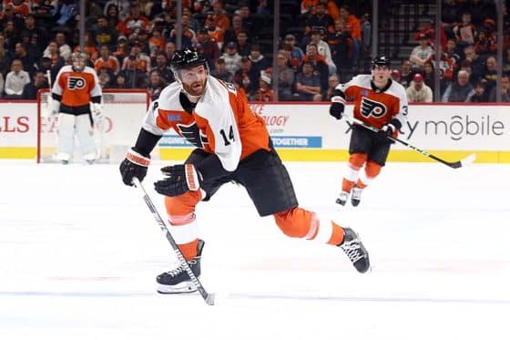 Sean Couturier #14 of the Philadelphia Flyers skates during the second period against the Edmonton Oilers at the Wells Fargo Center on October 19, 2023 in Philadelphia, Pennsylvania.