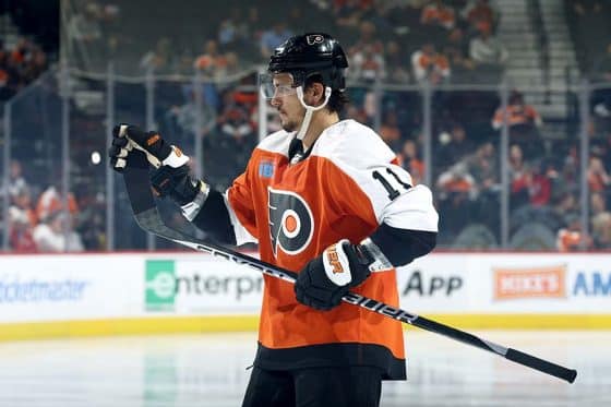 Travis Konecny #11 of the Philadelphia Flyers looks on against the Edmonton Oilers at the Wells Fargo Center on October 19, 2023 in Philadelphia, Pennsylvania.