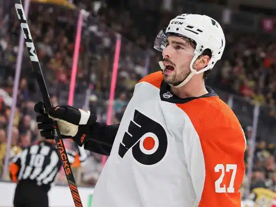 Noah Cates #27 of the Philadelphia Flyers celebrates his first-period goal against the Vegas Golden Knights during their game at T-Mobile Arena on October 24, 2023 in Las Vegas, Nevada.
