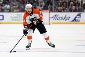 Travis Konecny #11 of the Philadelphia Flyers skates against the Seattle Kraken during the first period at Climate Pledge Arena on December 29, 2023 in Seattle, Washington.