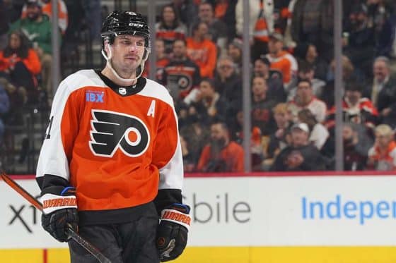 Scott Laughton #21 of the Philadelphia Flyers looks on against the Pittsburgh Penguins in the second period at the Wells Fargo Center on January 8, 2024 in Philadelphia, Pennsylvania.