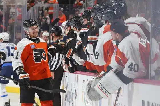 Travis Konecny #11 of the Philadelphia Flyers celebrates with teammates after scoring a goal against the Winnipeg Jets in the first period at the Wells Fargo Center on February 8, 2024 in Philadelphia, Pennsylvania.