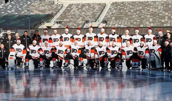 The Philadelphia Flyers pose for a team photo prior to practice the day before the Stadium Series game at MetLife Stadium on February 16, 2024 in East Rutherford, New Jersey.