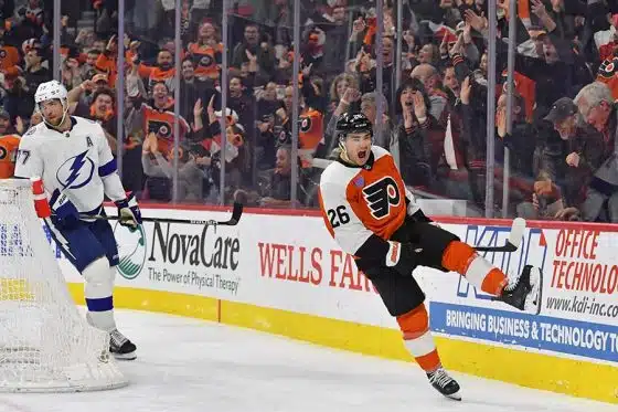 Philadelphia Flyers defenseman Sean Walker (26) celebrates his goal against the Tampa Bay Lightning during the third period at Wells Fargo Center.