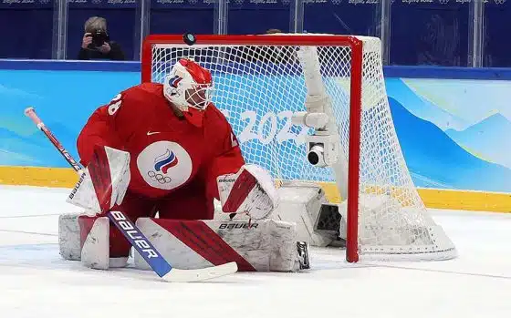 Ivan Fedotov #28 of Team ROC makes a save in the first period during the Men's Ice Hockey Playoff Semifinal match between Team ROC and Team Sweden on Day 14 of the Beijing 2022 Winter Olympic Games at National Indoor Stadium on February 18, 2022 in Beijing, China.