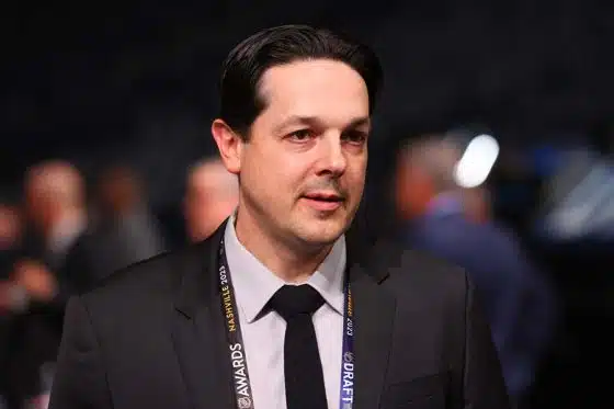 Daniel Brière of the Philadelphia Flyers is seen prior to round one of the 2023 Upper Deck NHL Draft at Bridgestone Arena on June 28, 2023 in Nashville, Tennessee.