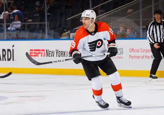 Garnet Hathaway #19 of Philadelphia Flyers skates against the New York Islanders during a preseason game at UBS Arena on September 27, 2023 in Elmont, New York.