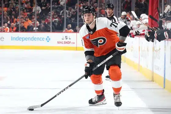 Tyson Foerster #71 of the Philadelphia Flyers skates with the puck during the second period against the Washington Capitals at the Wells Fargo Center on December 14, 2023 in Philadelphia, Pennsylvania.
