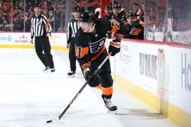 Tyson Foerster #71 of the Philadelphia Flyers skates with the puck during the second period against the Nashville Predators at the Wells Fargo Center on December 21, 2023 in Philadelphia, Pennsylvania.
