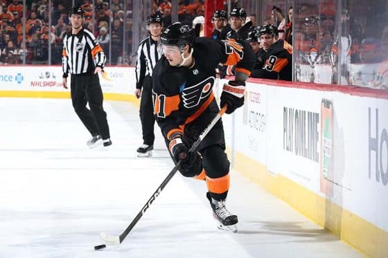 Tyson Foerster #71 of the Philadelphia Flyers skates with the puck during the second period against the Nashville Predators at the Wells Fargo Center on December 21, 2023 in Philadelphia, Pennsylvania.