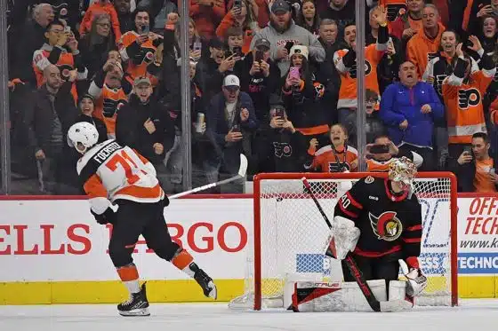 Ottawa Senators goaltender Mads Sogaard (40) reacts after allowing a penalty shot goal by Philadelphia Flyers right wing Tyson Foerster (71) during the second period at Wells Fargo Center.