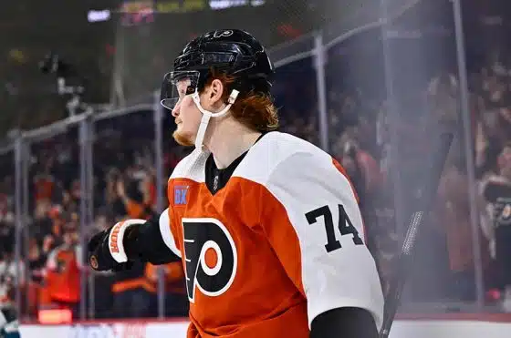 Philadelphia Flyers right wing Owen Tippett (74) reacts after scoring a goal against the San Jose Sharks in the third period at Wells Fargo Center.