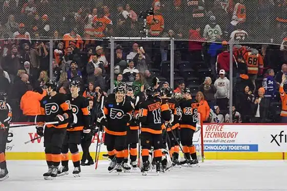 Philadelphia Flyers celebrate win Toronto Maple Leafs at Wells Fargo Center.