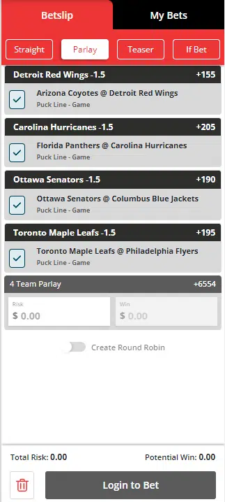betonline NHL+1.5 puck line parlay example