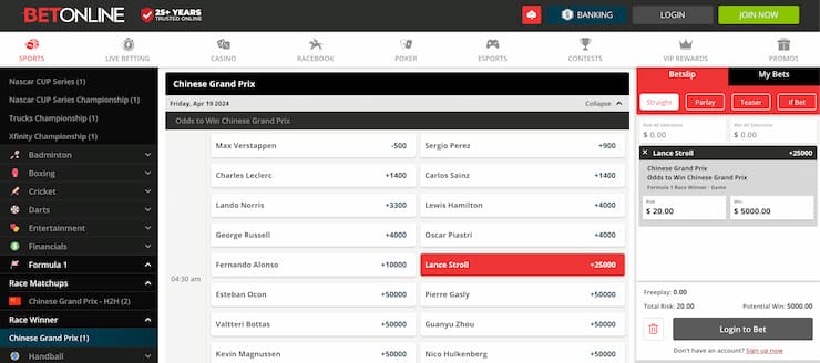 BetOnline - F1 Grand Prix winner