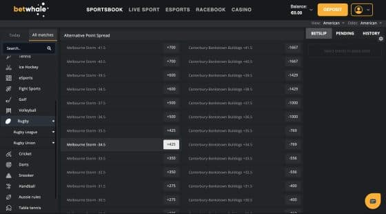 BetWhale rugby betting