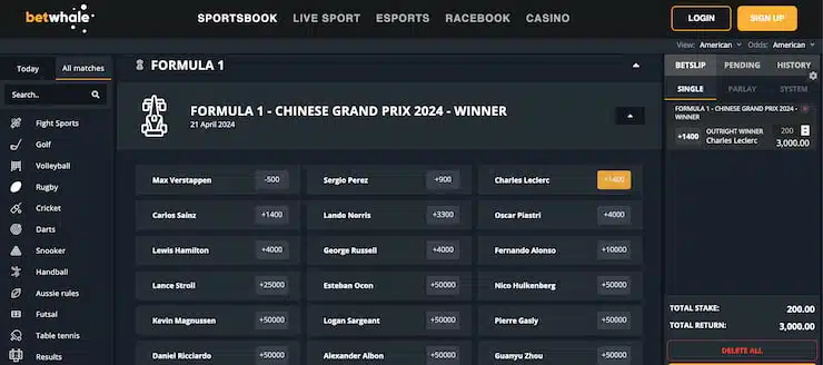 betwhale new F1 sportsbook