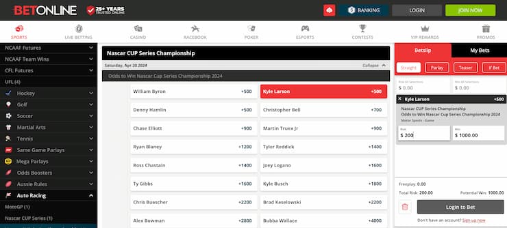 betonline - nascar betting lines