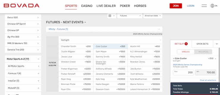 bovada nascar betting lines