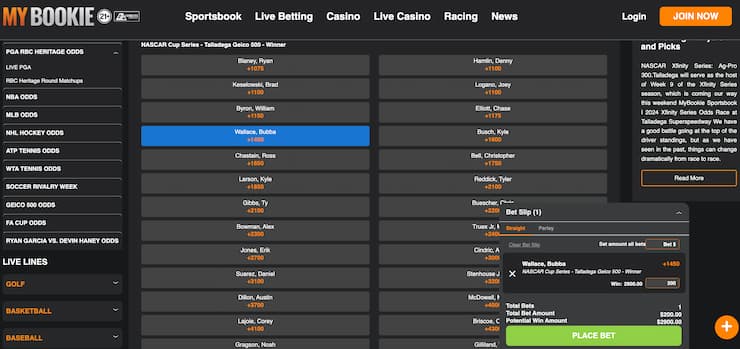 mybookie NASCAR lines