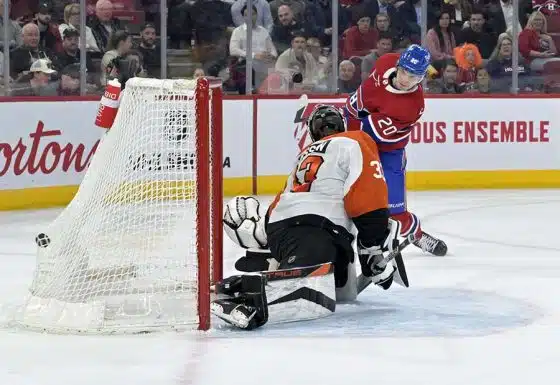 Montreal Canadiens forward Juraj Slafkovsky (20) scores a goal against Philadelphia Flyers goalie Samuel Ersson (33) during the second period at the Bell Centre.