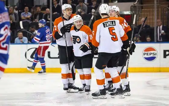 Philadelphia Flyers right wing Bobby Brink (10) celebrates his goal against the New York Rangers with defenseman Erik Johnson (77), center Ryan Poehling (25) and right wing Owen Tippett (74) during the second period at Madison Square Garden.