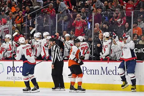 Washington Capitals celebrate win against the Philadelphia Flyers at Wells Fargo Center.