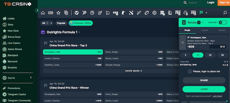 tg casino - f1 betting odds