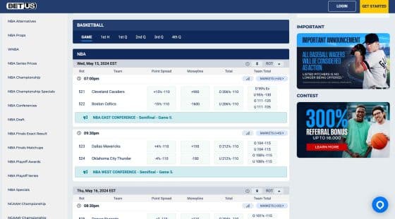 BetUS NBA betting markets