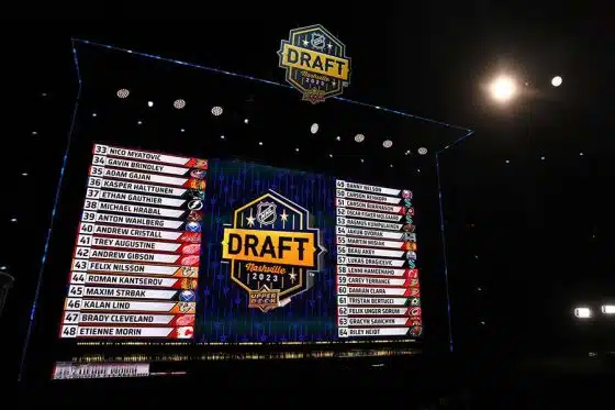 The second round of picks are seen on the draft board during the 2023 Upper Deck NHL Draft at Bridgestone Arena on June 29, 2023 in Nashville, Tennessee.