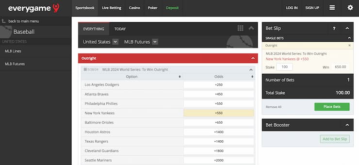 everygame - NY Yankees world series odds