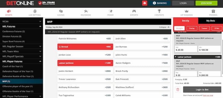 nfl futures betting - MVP odds