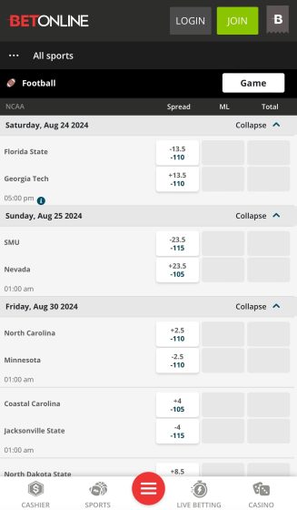 BetOnline NCAAF mobile site