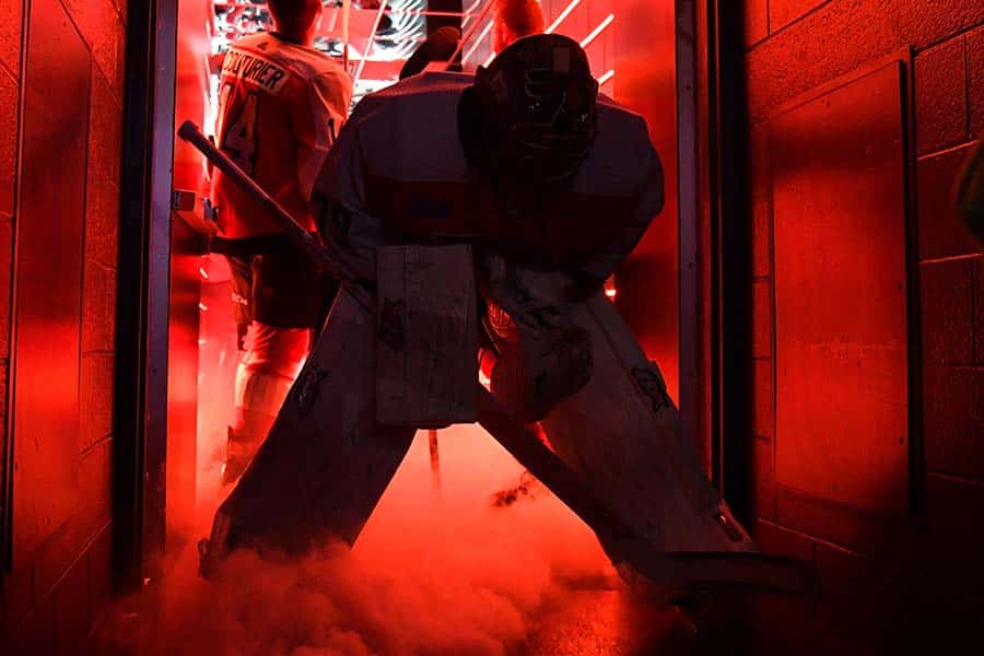 Philadelphia Flyers goaltender Carter Hart (79) in the tunnel before warmups against the Edmonton Oilers at Wells Fargo Center.