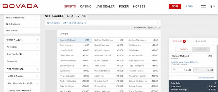bovada NHL sportsbook