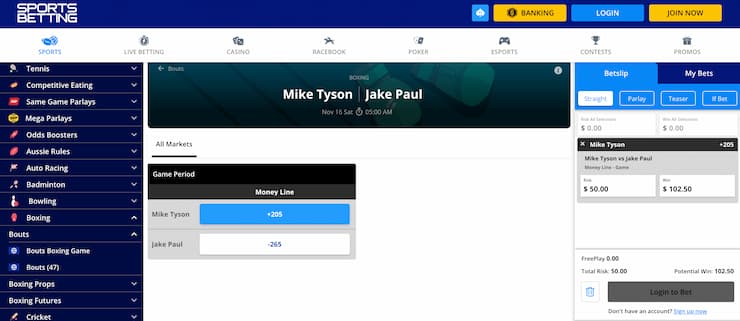 sportsbetting.ag - tyson vs paul boxing betting lines