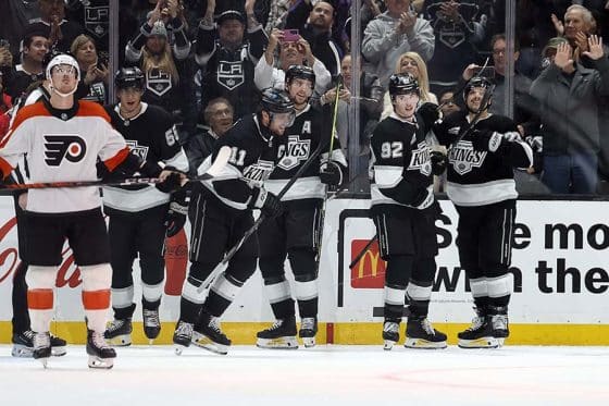 LOS ANGELES, CALIFORNIA - DECEMBER 29: Anze Kopitar #11 of the Los Angeles Kings celebrates his second goal of the game against the Philadelphia Flyers in the third period at Crypto.com Arena on December 29, 2024 in Los Angeles, California.