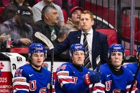 OTTAWA, CANADA - JANUARY 04: Head coach David Carle of Team USA handles bench duties in the second period against Team Czechia of the semifinal match during the 2025 IIHF World Junior Championship at Canadian Tire Centre on January 4, 2025 in Ottawa, Ontario, Canada. Team USA defeated Team Czechia 4-1 to secure a spot in the gold medal round.